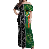 Custom Aotearoa South Africa Rugby Freedom Cup Off Shoulder Maxi Dress Maori Silver Fern Art and Sporty Flag SA LT03 Women Black - Polynesian Pride