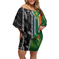 Custom Aotearoa South Africa Rugby Freedom Cup Off Shoulder Short Dress Maori Silver Fern Art and Sporty Flag SA LT03 Women Black - Polynesian Pride