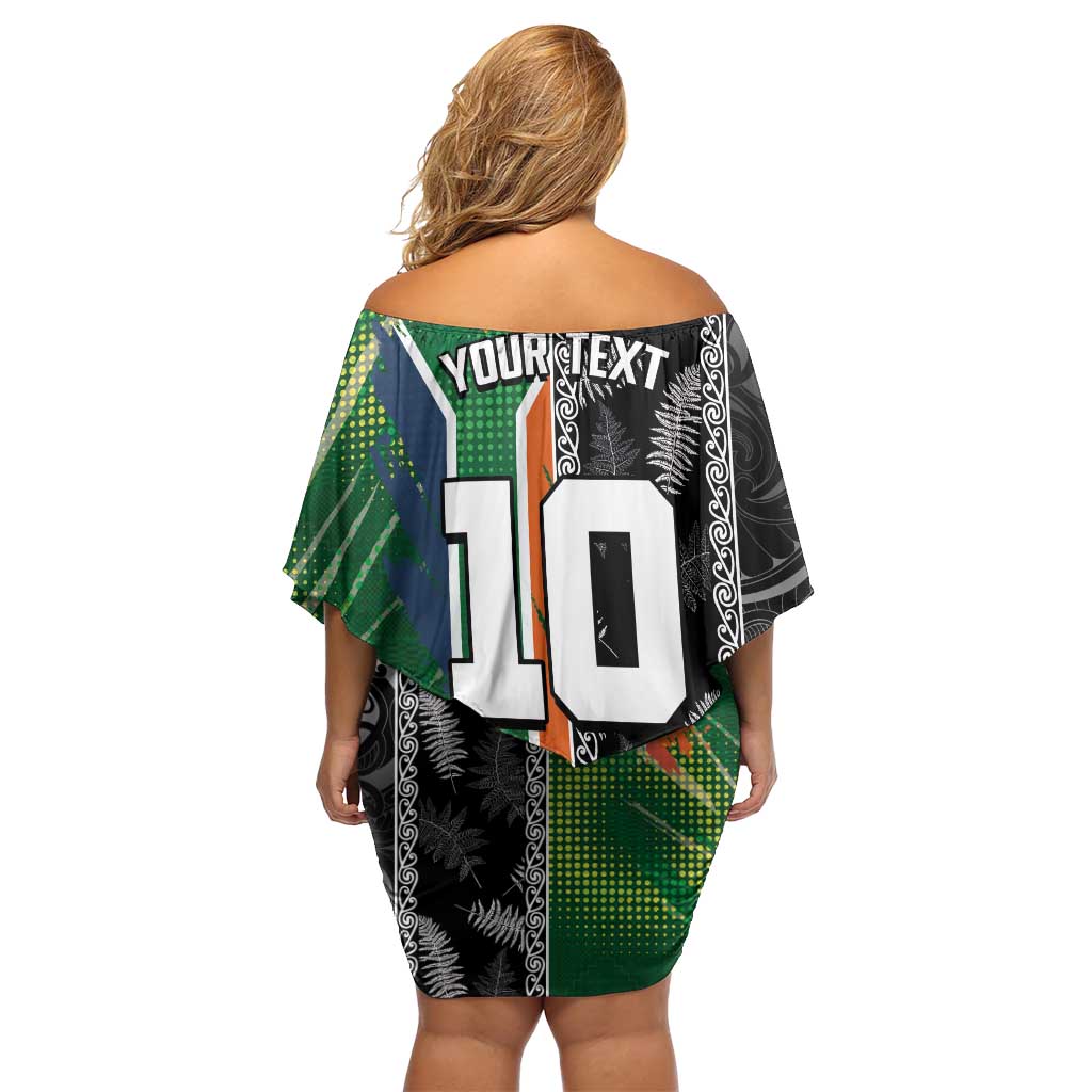 Custom Aotearoa South Africa Rugby Freedom Cup Off Shoulder Short Dress Maori Silver Fern Art and Sporty Flag SA LT03 - Polynesian Pride