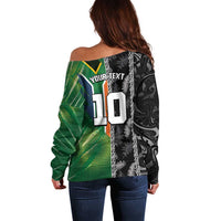 Custom Aotearoa South Africa Rugby Freedom Cup Off Shoulder Sweater Maori Silver Fern Art and Sporty Flag SA LT03 - Polynesian Pride