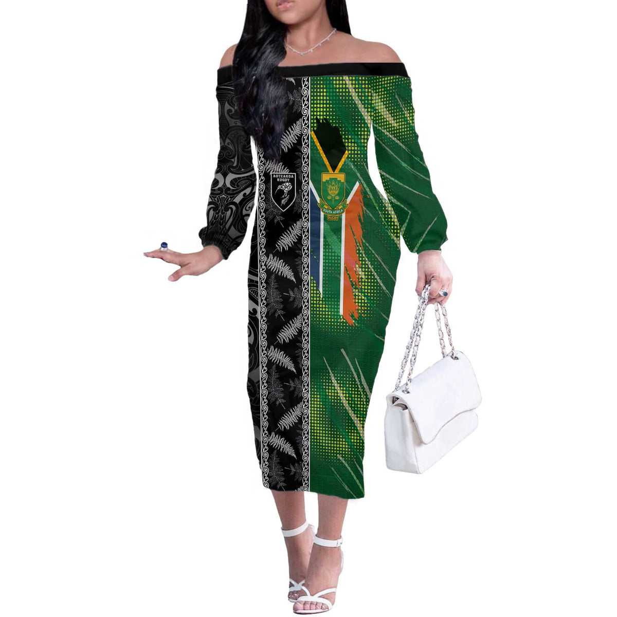 Custom Aotearoa South Africa Rugby Freedom Cup Off The Shoulder Long Sleeve Dress Maori Silver Fern Art and Sporty Flag SA LT03 Women Black - Polynesian Pride