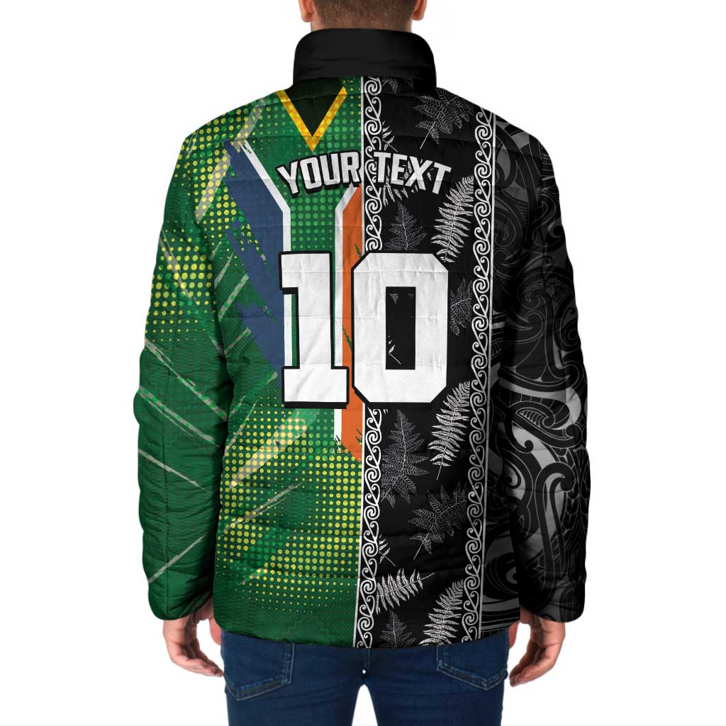 Custom Aotearoa South Africa Rugby Freedom Cup Padded Jacket Maori Silver Fern Art and Sporty Flag SA - Polynesian Pride