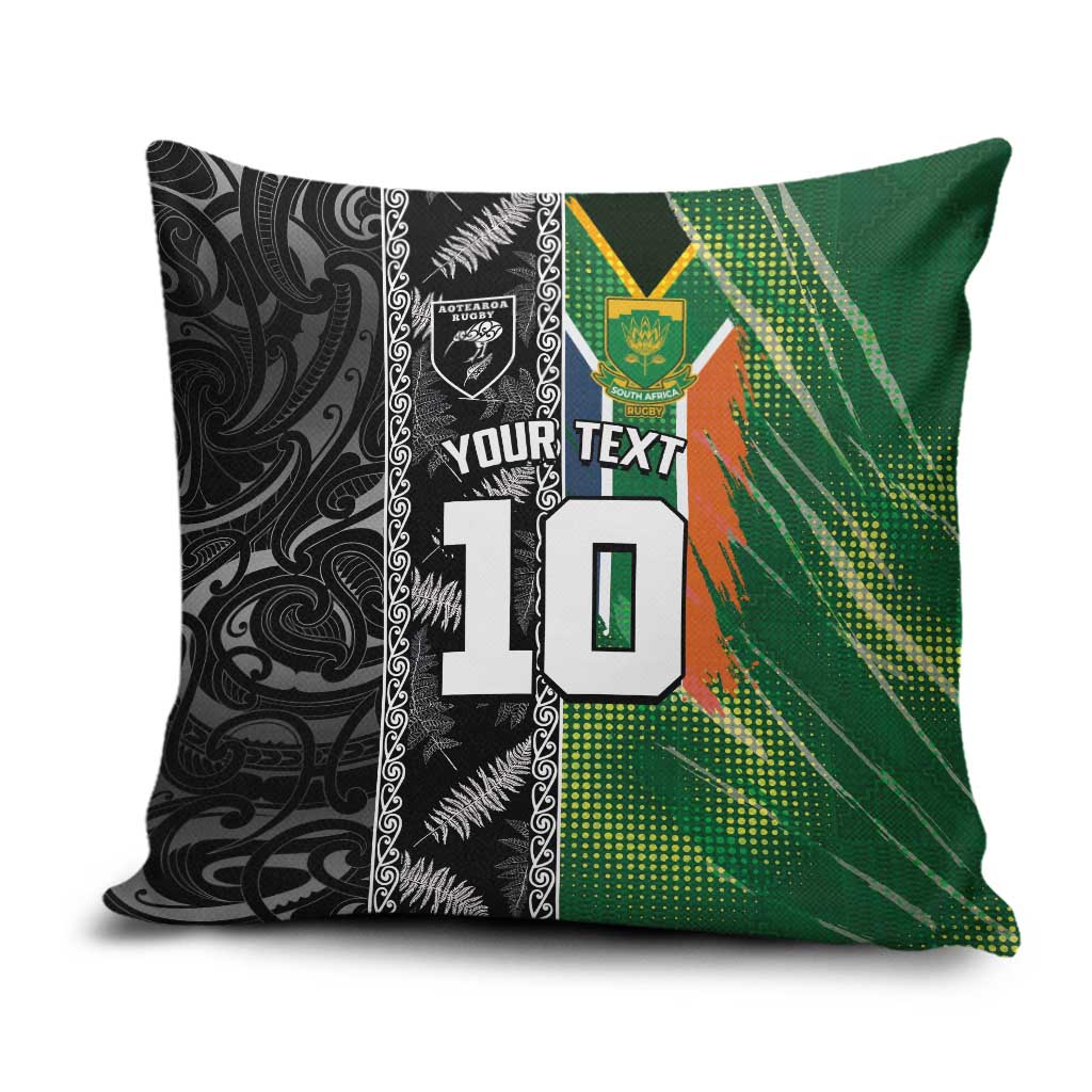 Custom Aotearoa South Africa Rugby Freedom Cup Pillow Cover Maori Silver Fern Art and Sporty Flag SA LT03 Black - Polynesian Pride