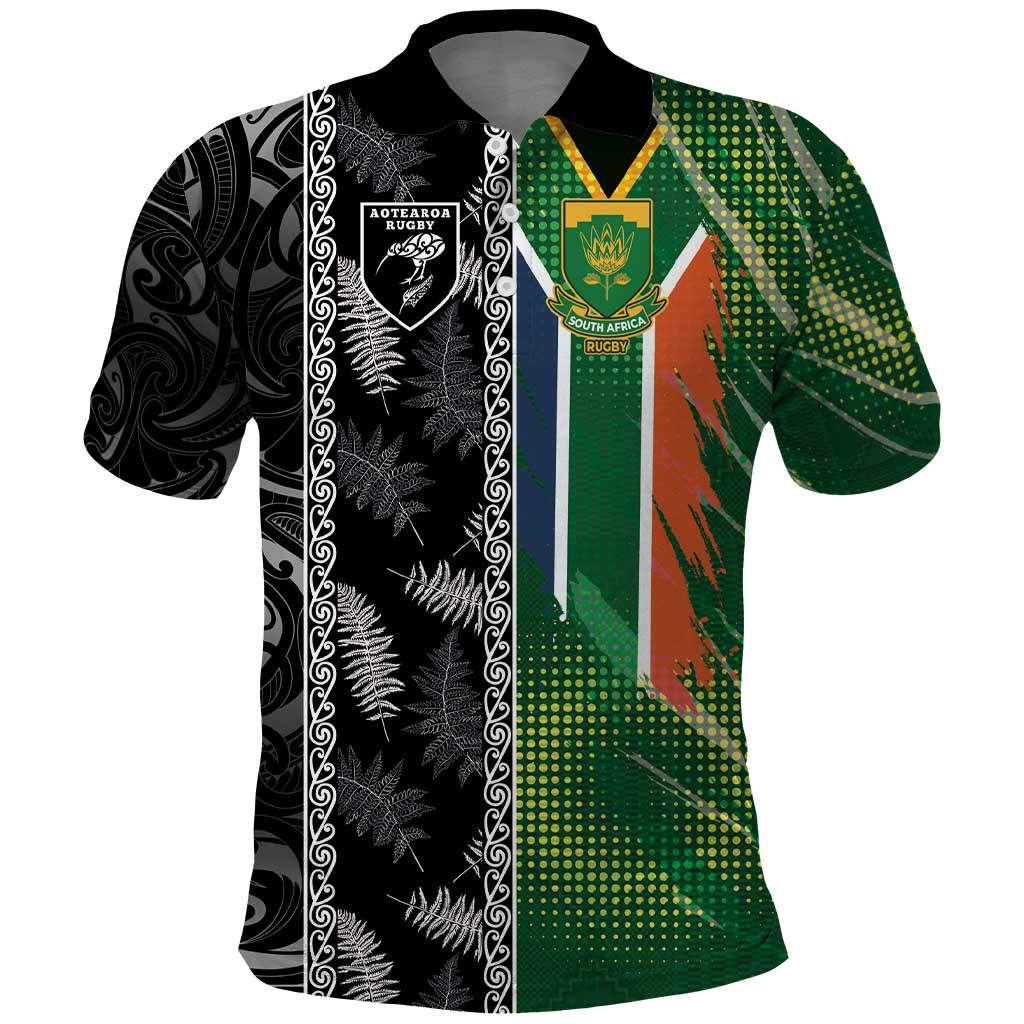 Custom Aotearoa South Africa Rugby Freedom Cup Polo Shirt Maori Silver Fern Art and Sporty Flag SA LT03 Black - Polynesian Pride