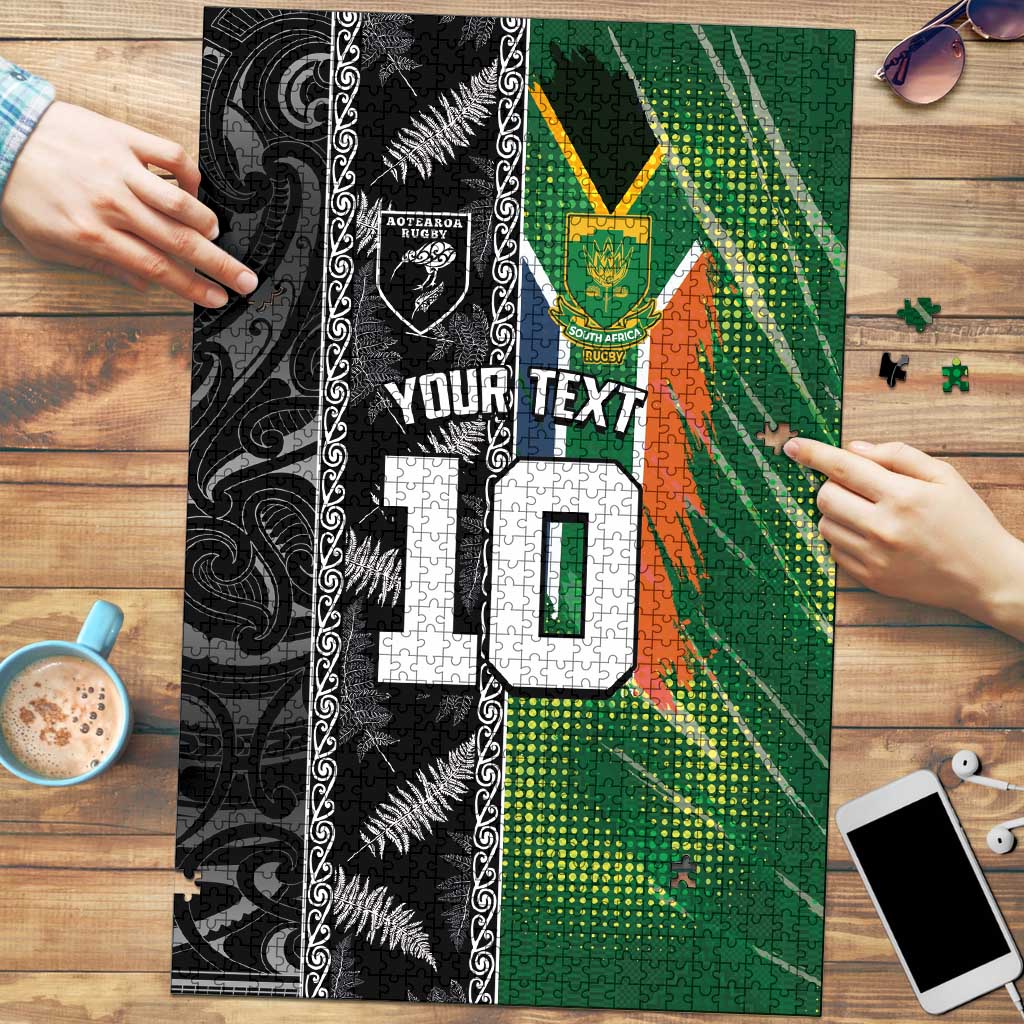 Custom Aotearoa South Africa Rugby Freedom Cup Puzzle Maori Silver Fern Art and Sporty Flag SA - Polynesian Pride
