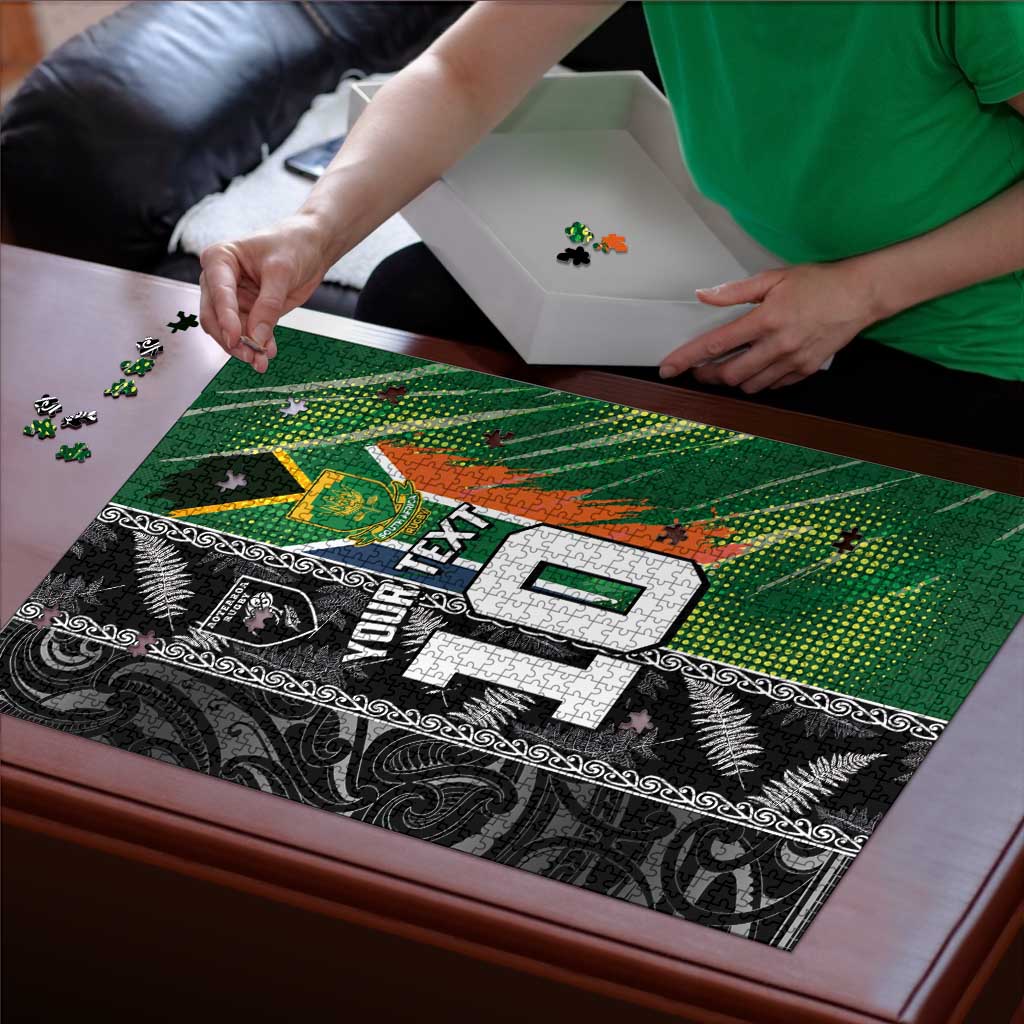 Custom Aotearoa South Africa Rugby Freedom Cup Puzzle Maori Silver Fern Art and Sporty Flag SA - Polynesian Pride