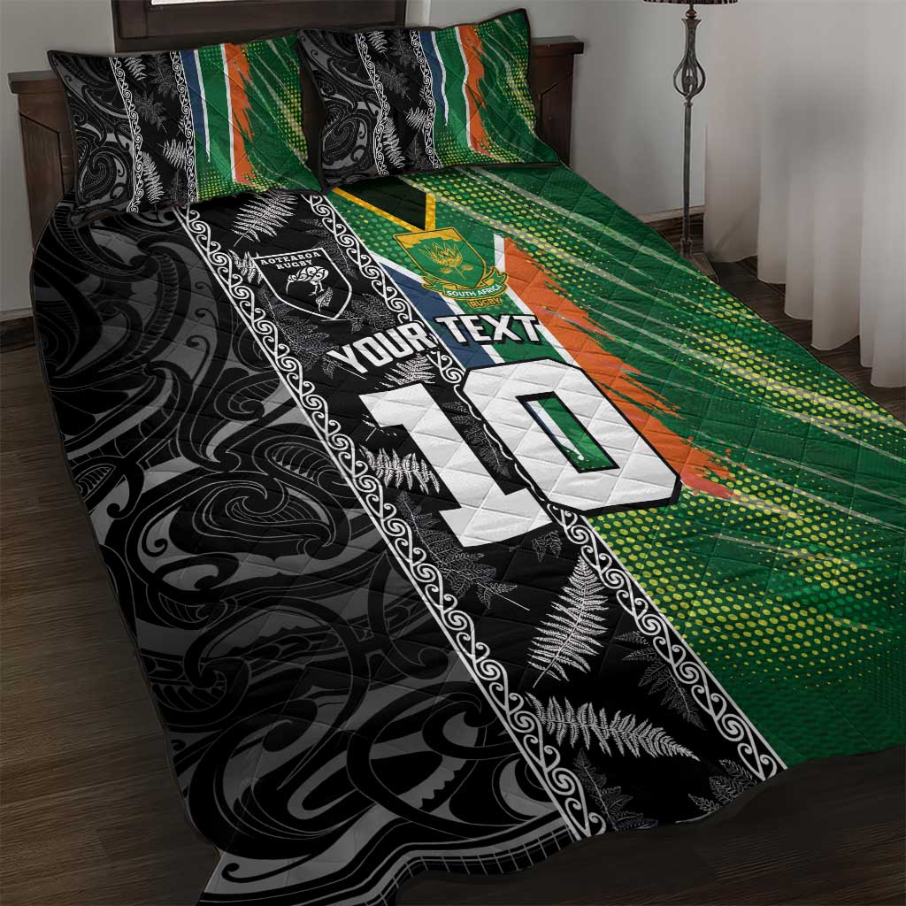 Custom Aotearoa South Africa Rugby Freedom Cup Quilt Bed Set Maori Silver Fern Art and Sporty Flag SA LT03 Black - Polynesian Pride
