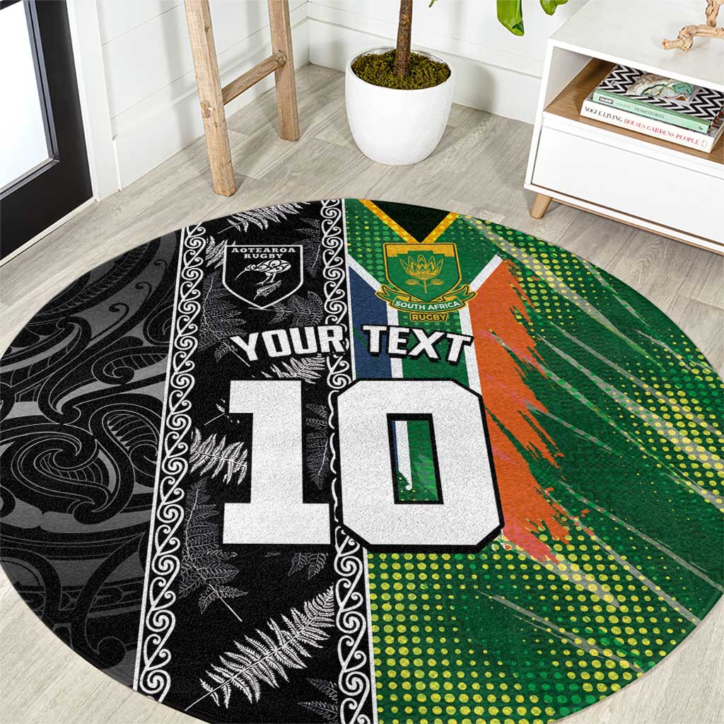 Custom Aotearoa South Africa Rugby Freedom Cup Round Carpet Maori Silver Fern Art and Sporty Flag SA LT03 Black - Polynesian Pride