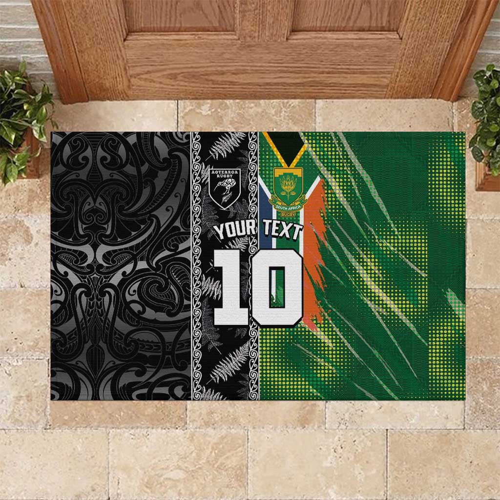 Custom Aotearoa South Africa Rugby Freedom Cup Rubber Doormat Maori Silver Fern Art and Sporty Flag SA LT03 Black - Polynesian Pride