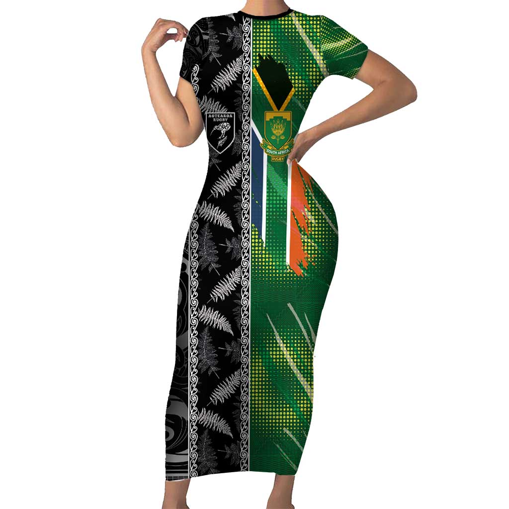 Custom Aotearoa South Africa Rugby Freedom Cup Short Sleeve Bodycon Dress Maori Silver Fern Art and Sporty Flag SA LT03 Long Dress Black - Polynesian Pride