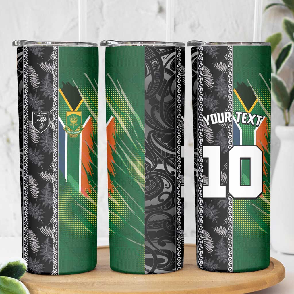 Custom Aotearoa South Africa Rugby Freedom Cup Skinny Tumbler Maori Silver Fern Art and Sporty Flag SA LT03 - Polynesian Pride