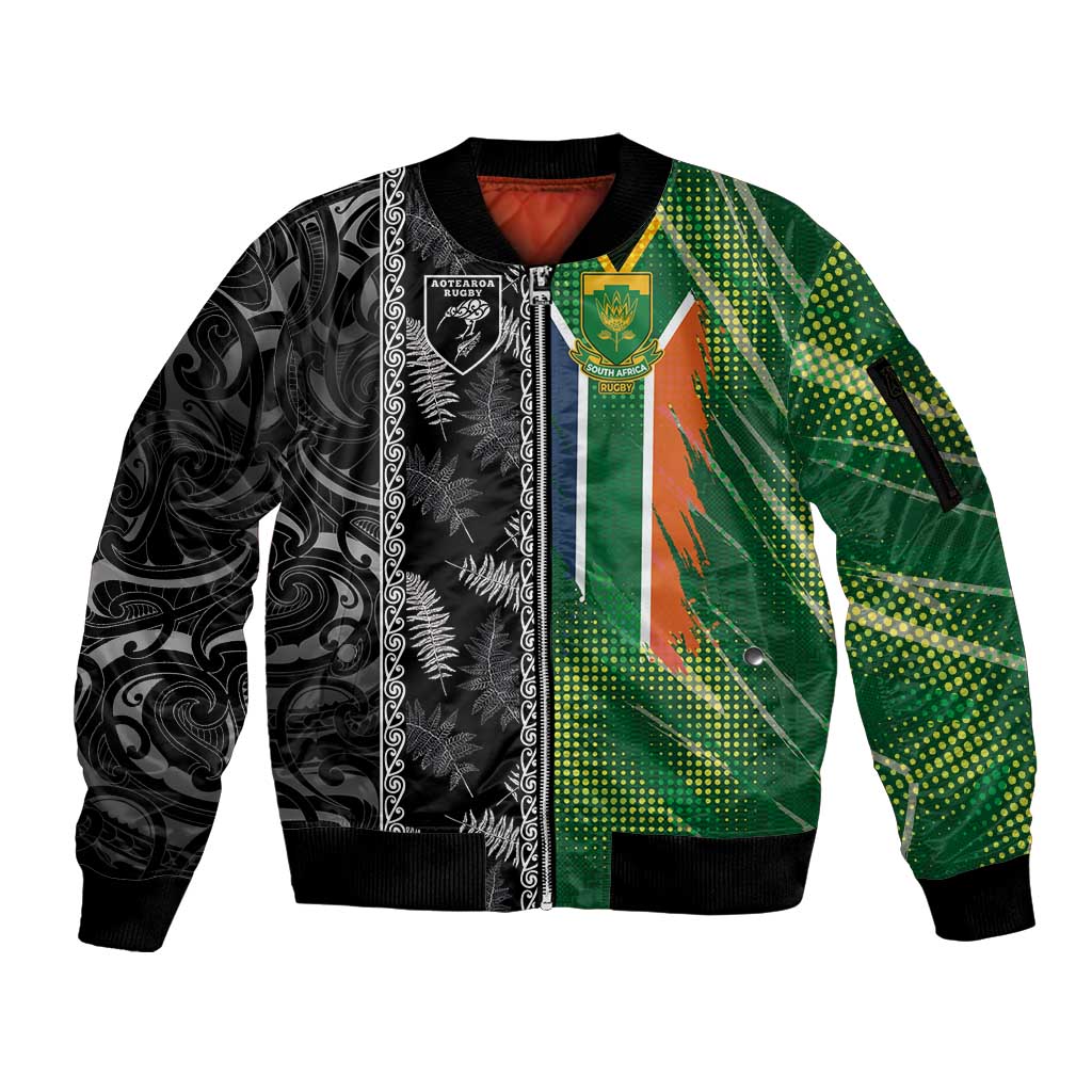 Custom Aotearoa South Africa Rugby Freedom Cup Sleeve Zip Bomber Jacket Maori Silver Fern Art and Sporty Flag SA LT03 Unisex Black - Polynesian Pride