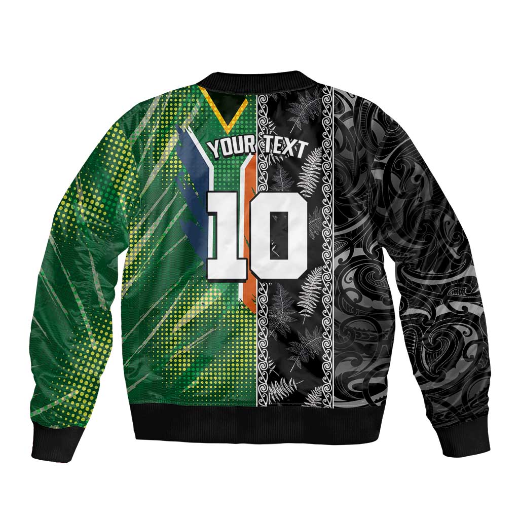 Custom Aotearoa South Africa Rugby Freedom Cup Sleeve Zip Bomber Jacket Maori Silver Fern Art and Sporty Flag SA LT03 - Polynesian Pride