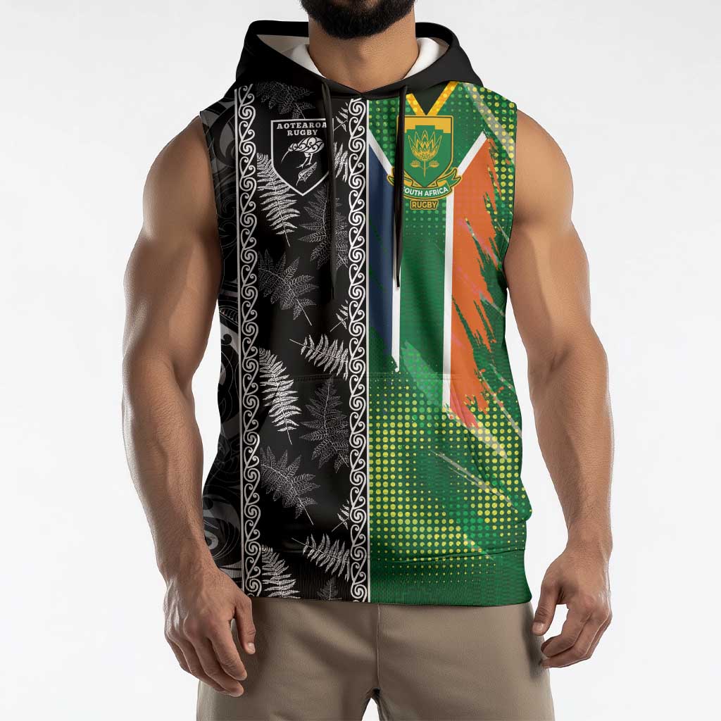 Custom Aotearoa South Africa Rugby Freedom Cup Sleeveless Hoodie Maori Silver Fern Art and Sporty Flag SA LT03 - Polynesian Pride