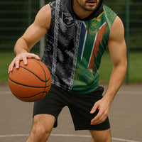 Custom Aotearoa South Africa Rugby Freedom Cup Sleeveless Hoodie Maori Silver Fern Art and Sporty Flag SA LT03 - Polynesian Pride