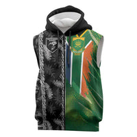 Custom Aotearoa South Africa Rugby Freedom Cup Sleeveless Zip Hoodie Maori Silver Fern Art and Sporty Flag SA LT03 Black - Polynesian Pride