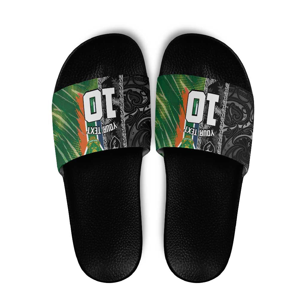 Custom Aotearoa South Africa Rugby Freedom Cup Slide Sandals Maori Silver Fern Art and Sporty Flag SA LT03 Black - Polynesian Pride
