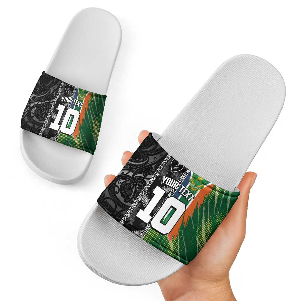 Custom Aotearoa South Africa Rugby Freedom Cup Slide Sandals Maori Silver Fern Art and Sporty Flag SA LT03 - Polynesian Pride
