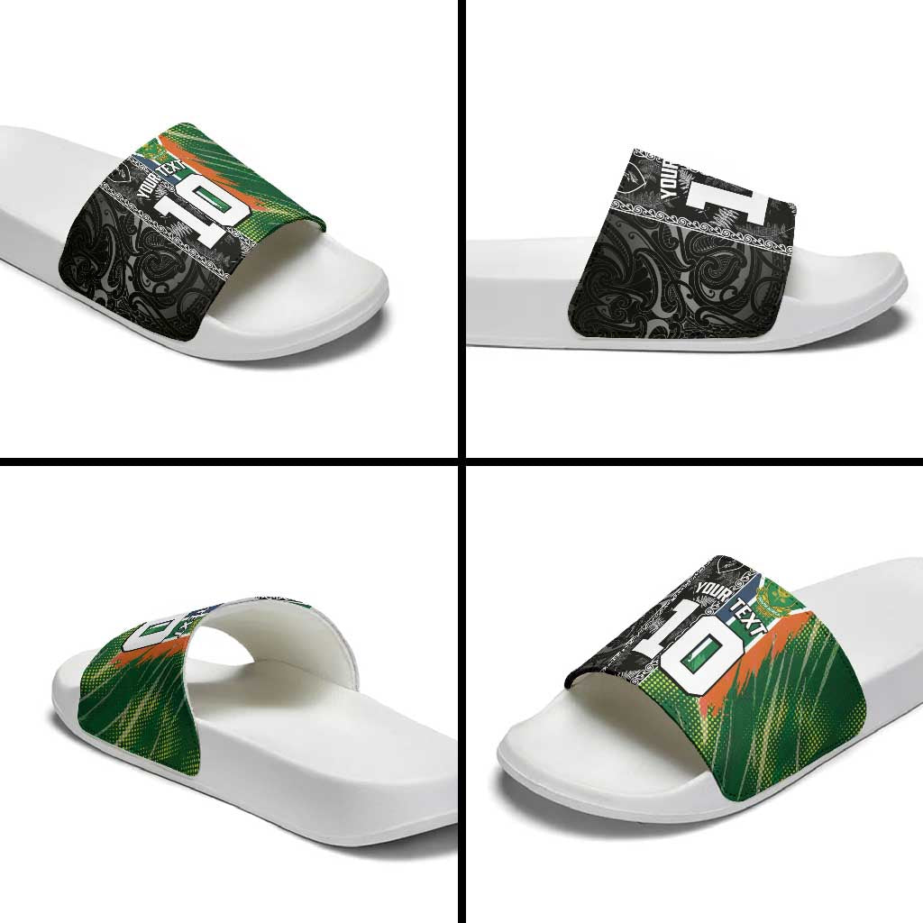 Custom Aotearoa South Africa Rugby Freedom Cup Slide Sandals Maori Silver Fern Art and Sporty Flag SA LT03 - Polynesian Pride