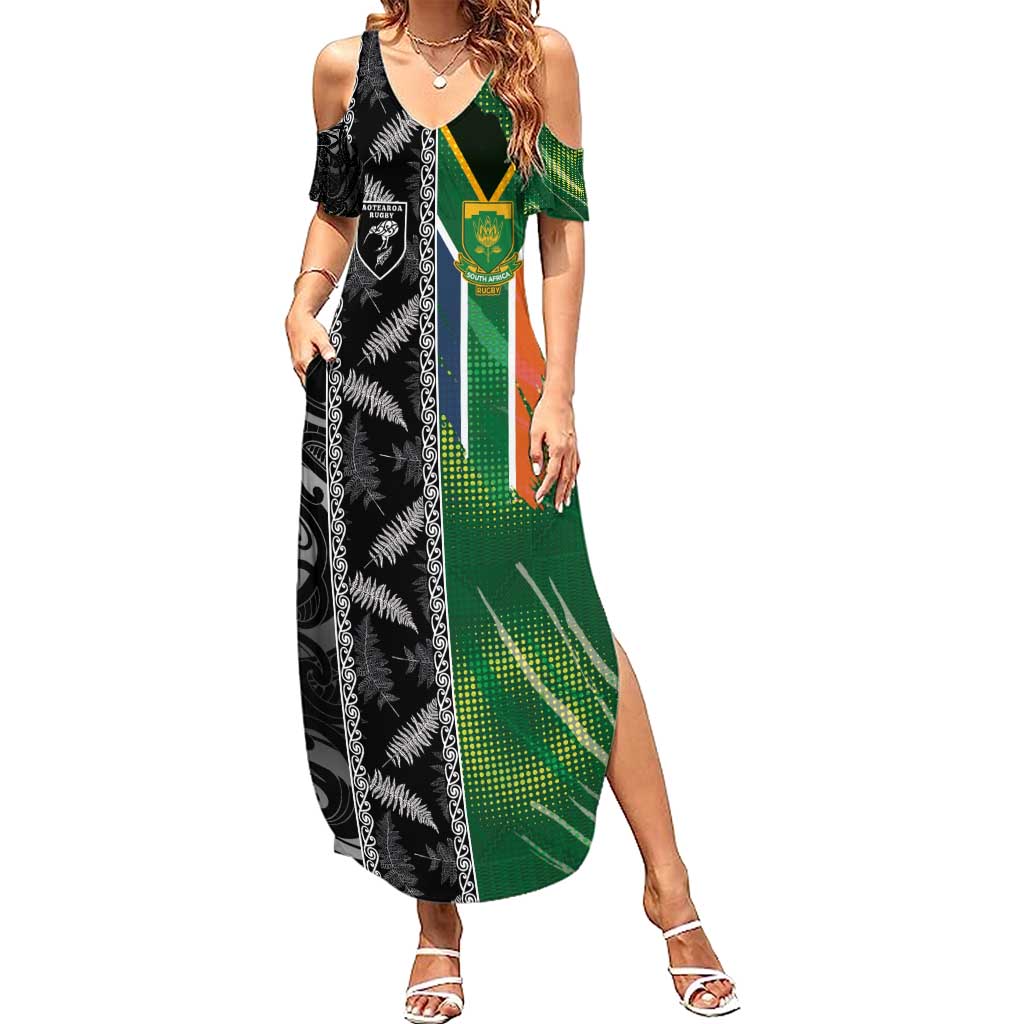 Custom Aotearoa South Africa Rugby Freedom Cup Summer Maxi Dress Maori Silver Fern Art and Sporty Flag SA LT03 Women Black - Polynesian Pride