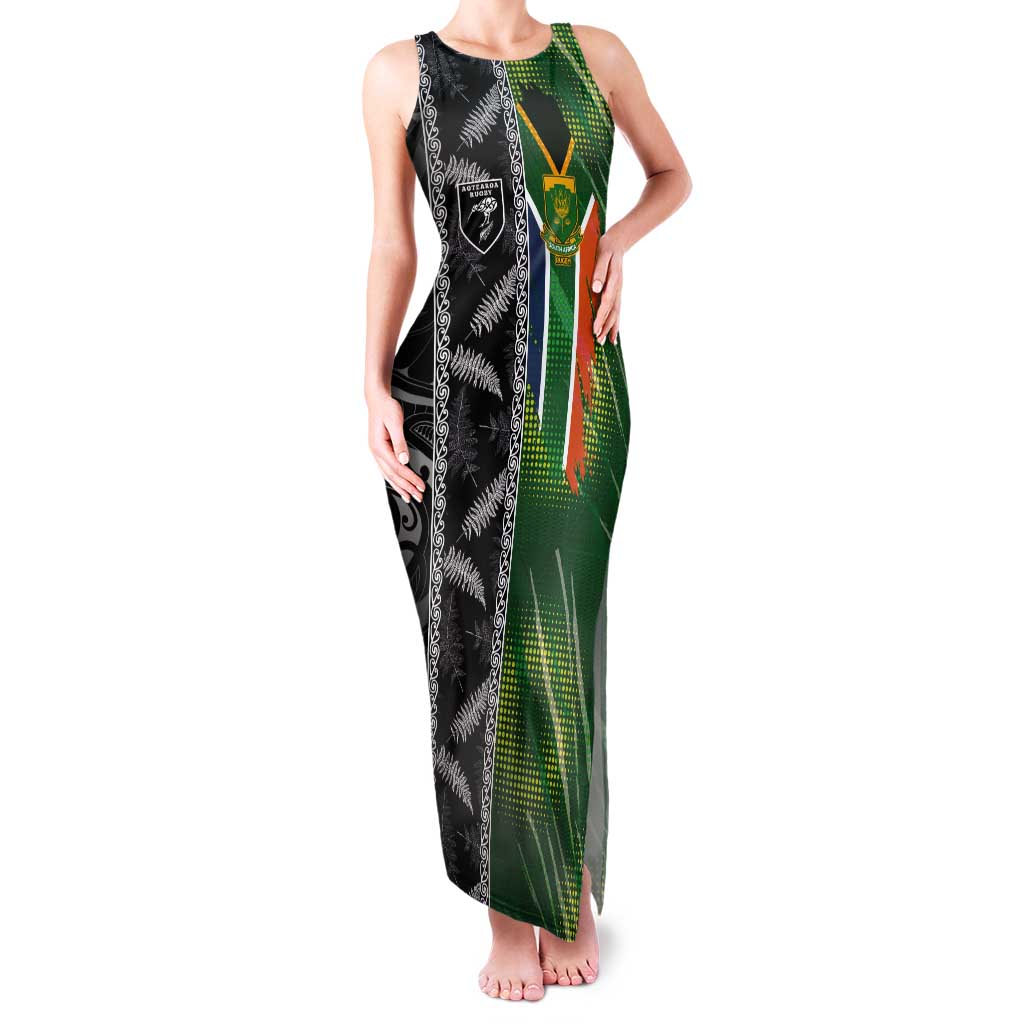 Custom Aotearoa South Africa Rugby Freedom Cup Tank Maxi Dress Maori Silver Fern Art and Sporty Flag SA LT03 Women Black - Polynesian Pride