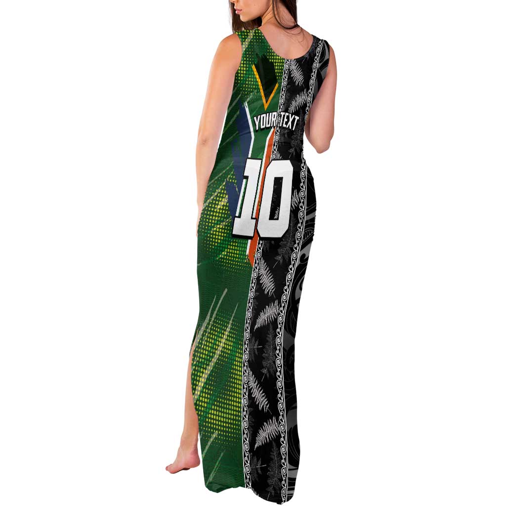 Custom Aotearoa South Africa Rugby Freedom Cup Tank Maxi Dress Maori Silver Fern Art and Sporty Flag SA LT03 - Polynesian Pride