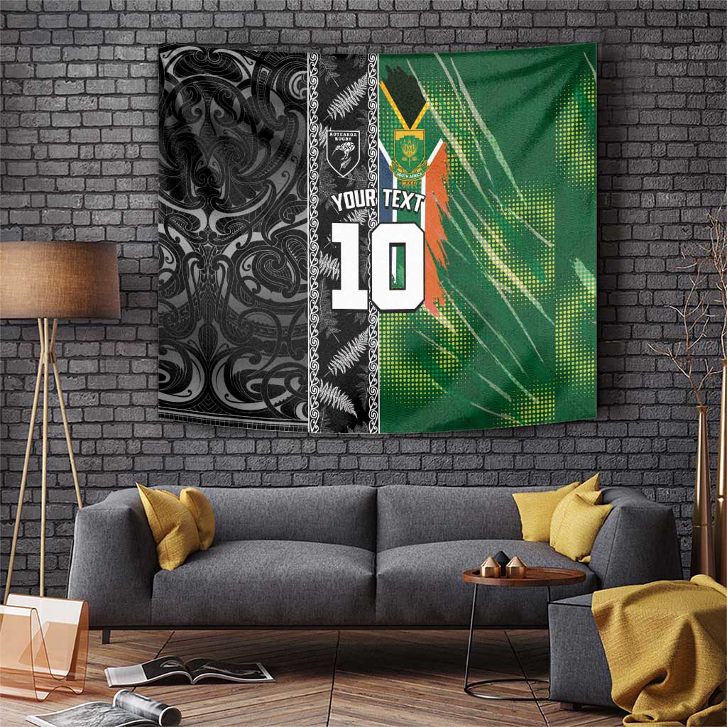 Custom Aotearoa South Africa Rugby Freedom Cup Tapestry Maori Silver Fern Art and Sporty Flag SA LT03 Black - Polynesian Pride