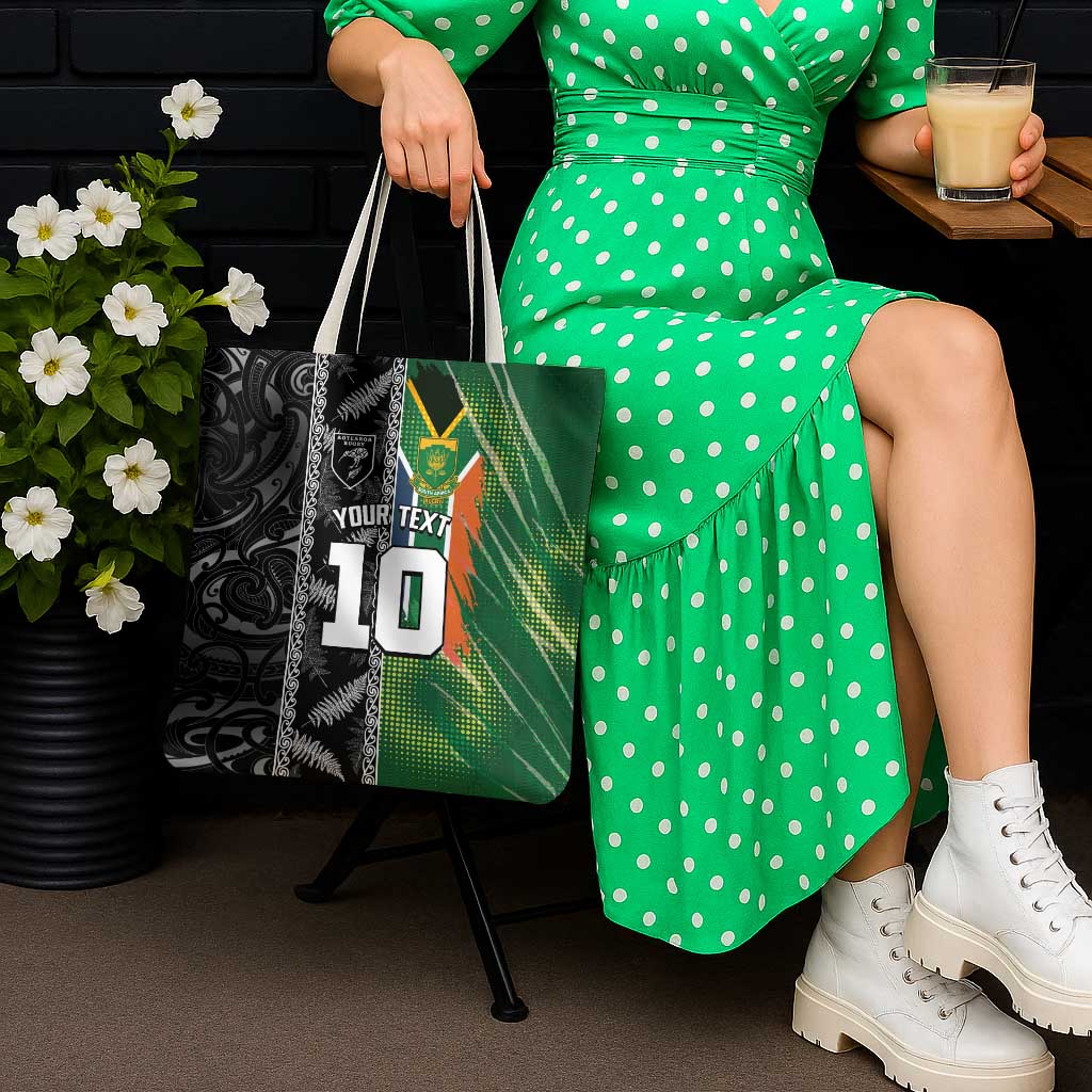 Custom Aotearoa South Africa Rugby Freedom Cup Tote Bag Maori Silver Fern Art and Sporty Flag SA LT03 - Polynesian Pride