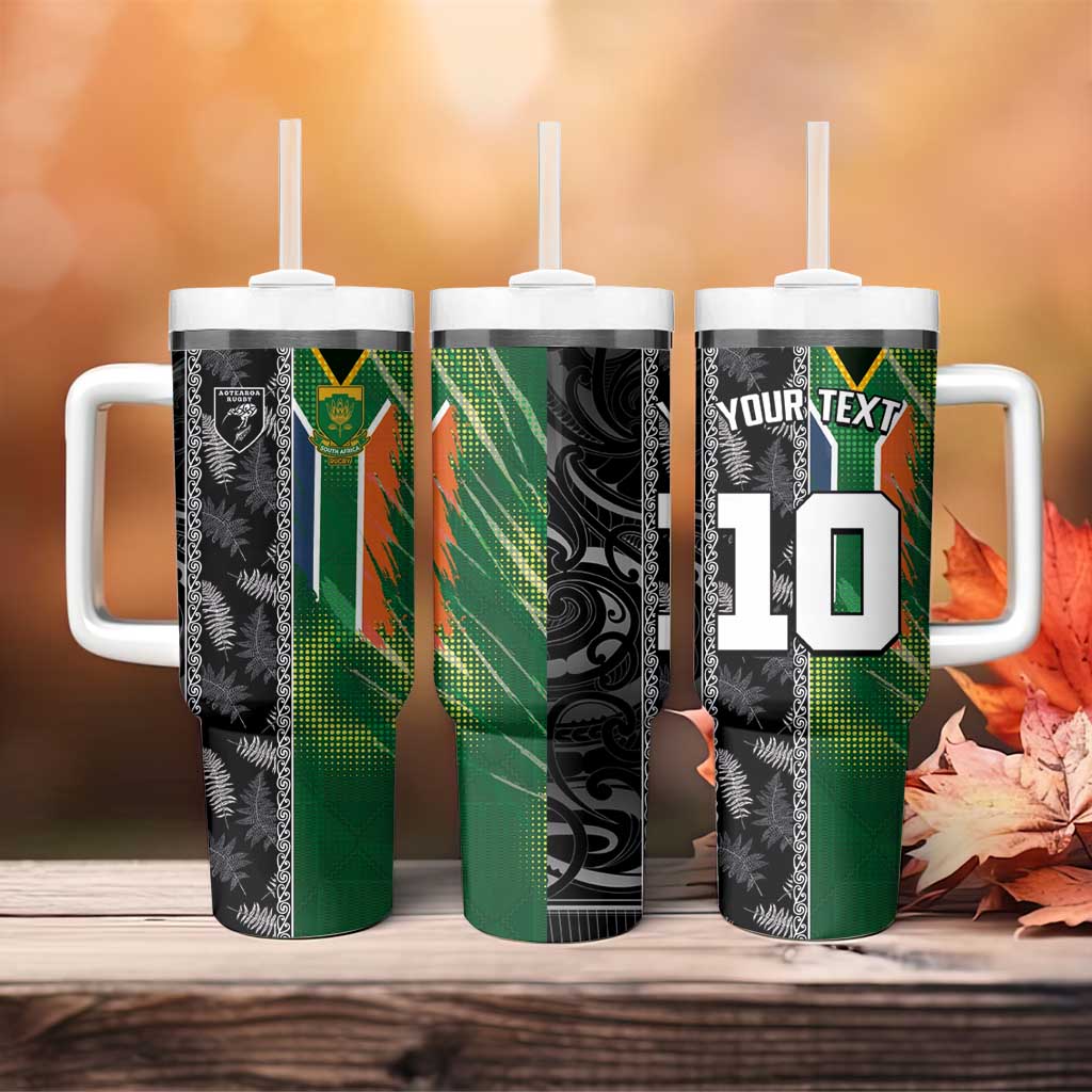 Custom Aotearoa South Africa Rugby Freedom Cup Tumbler With Handle Maori Silver Fern Art and Sporty Flag SA LT03 - Polynesian Pride