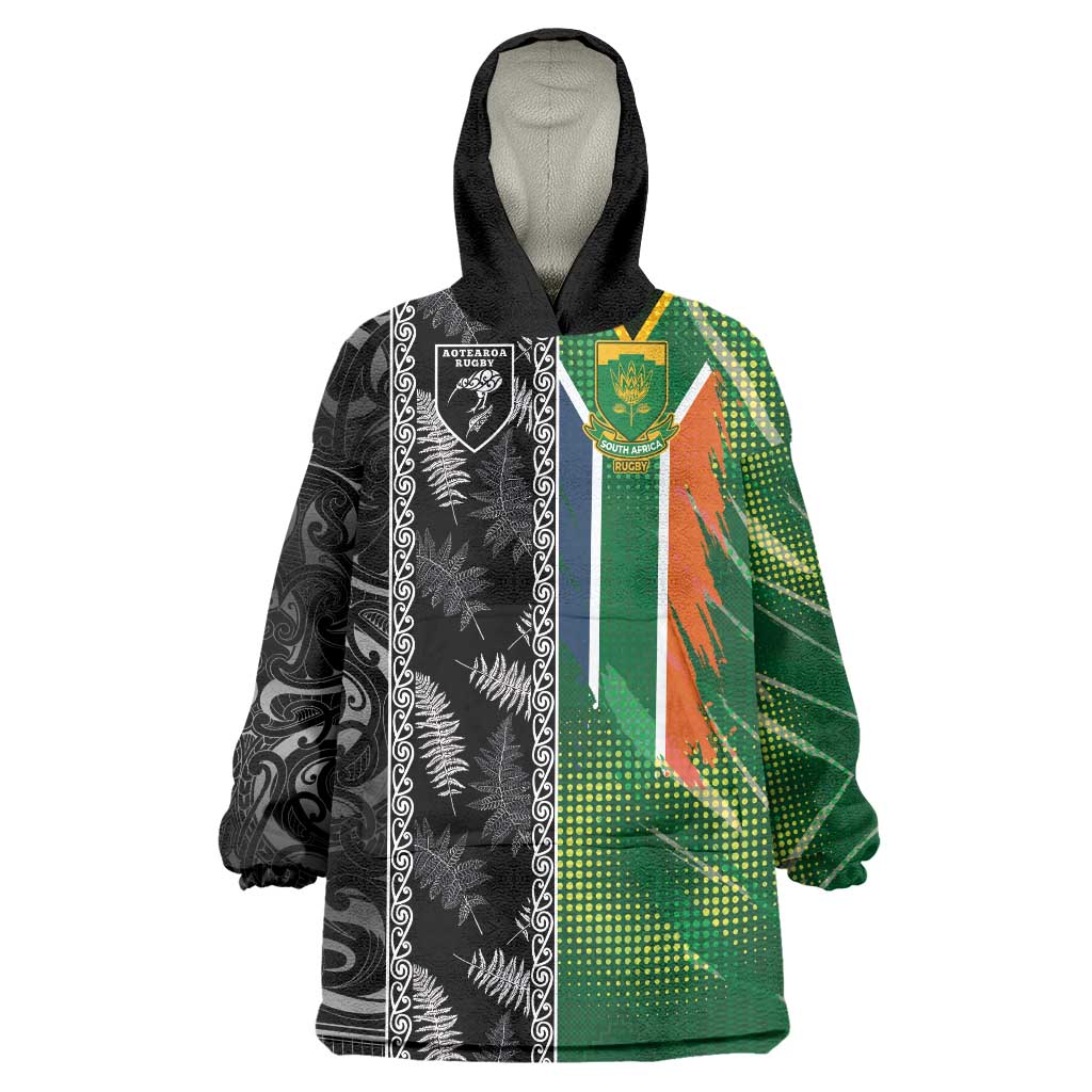 Custom Aotearoa South Africa Rugby Freedom Cup Wearable Blanket Hoodie Maori Silver Fern Art and Sporty Flag SA LT03 One Size Black - Polynesian Pride