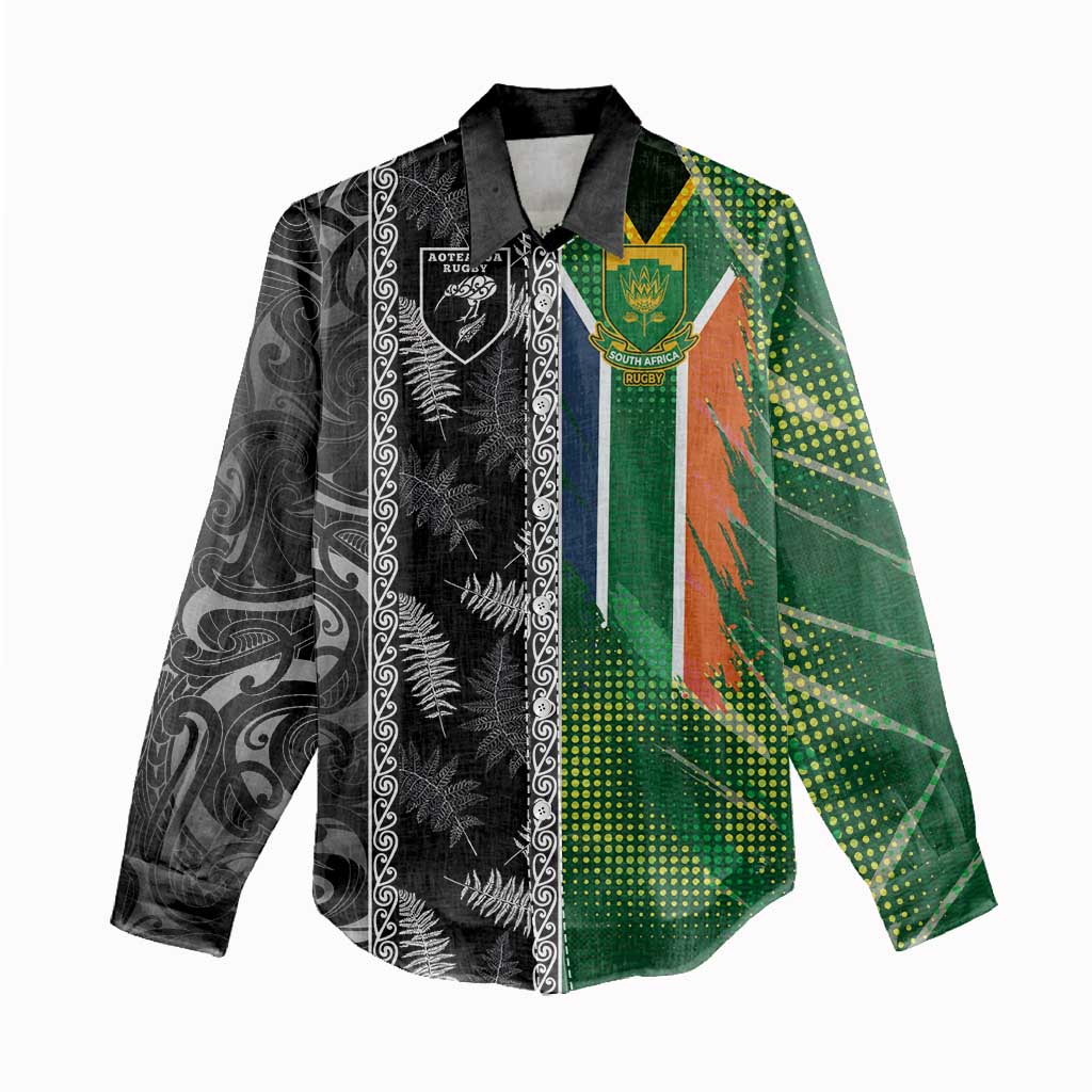 Custom Aotearoa South Africa Rugby Freedom Cup Women Casual Shirt Maori Silver Fern Art and Sporty Flag SA LT03 - Polynesian Pride