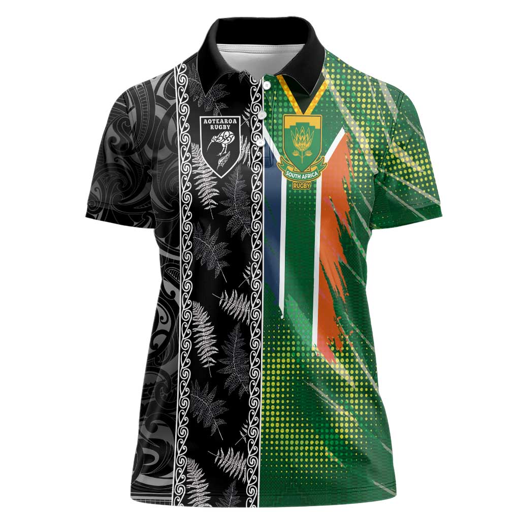 Custom Aotearoa South Africa Rugby Freedom Cup Women Polo Shirt Maori Silver Fern Art and Sporty Flag SA LT03 Female Black - Polynesian Pride