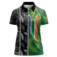 Custom Aotearoa South Africa Rugby Freedom Cup Women Polo Shirt Maori Silver Fern Art and Sporty Flag SA LT03 Female Black - Polynesian Pride