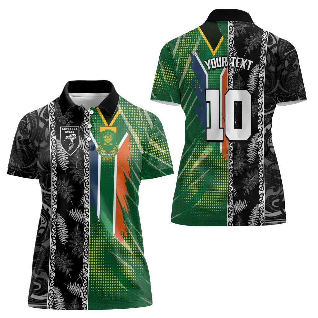 Custom Aotearoa South Africa Rugby Freedom Cup Women Polo Shirt Maori Silver Fern Art and Sporty Flag SA LT03 - Polynesian Pride