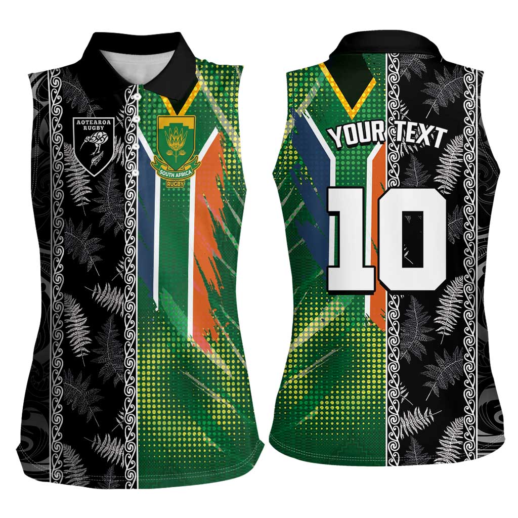 Custom Aotearoa South Africa Rugby Freedom Cup Women Sleeveless Polo Shirt Maori Silver Fern Art and Sporty Flag SA LT03 - Polynesian Pride