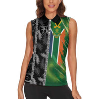 Custom Aotearoa South Africa Rugby Freedom Cup Women Sleeveless Polo Shirt Maori Silver Fern Art and Sporty Flag SA LT03 - Polynesian Pride