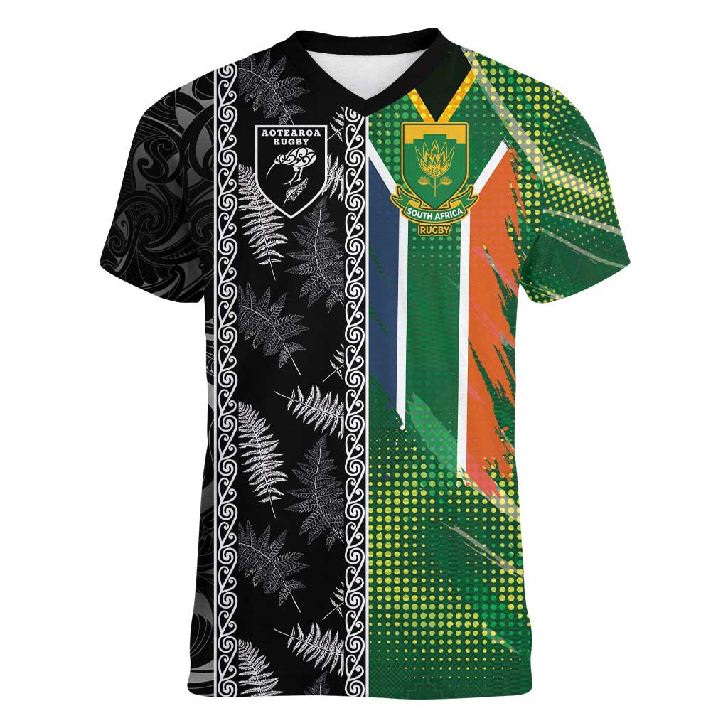 Custom Aotearoa South Africa Rugby Freedom Cup Women V-Neck T-Shirt Maori Silver Fern Art and Sporty Flag SA LT03 Female Black - Polynesian Pride