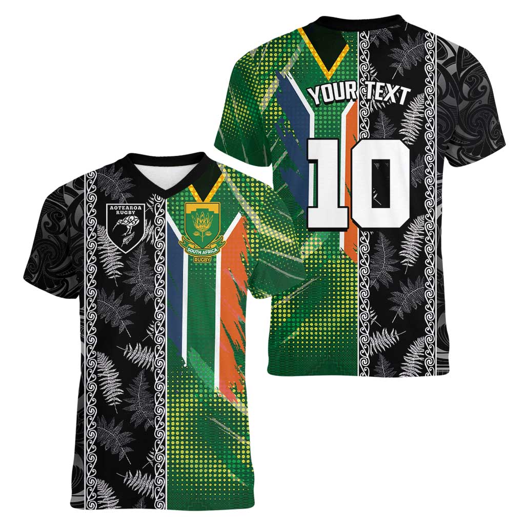 Custom Aotearoa South Africa Rugby Freedom Cup Women V-Neck T-Shirt Maori Silver Fern Art and Sporty Flag SA LT03 - Polynesian Pride