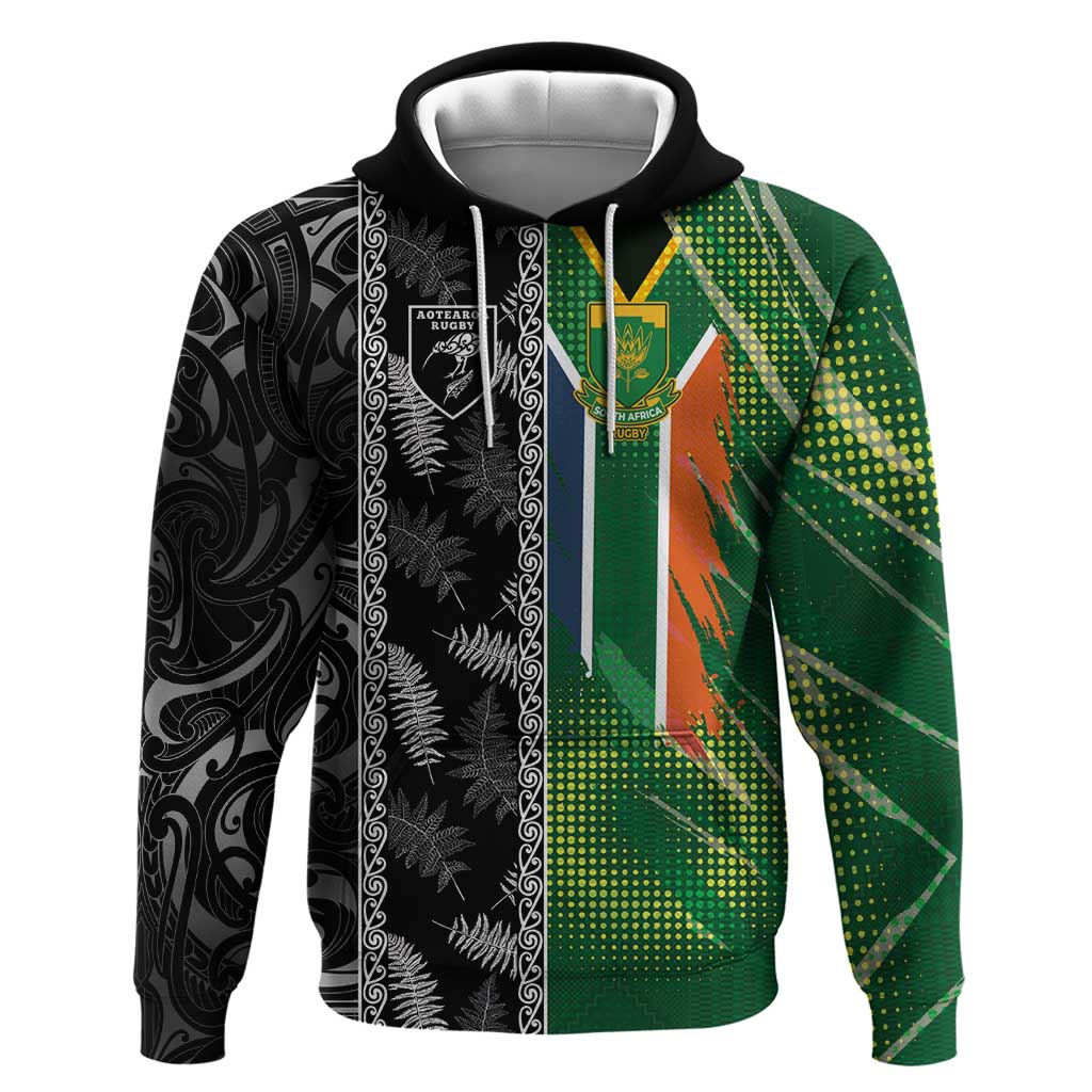 Custom Aotearoa South Africa Rugby Freedom Cup Zip Hoodie Maori Silver Fern Art and Sporty Flag SA - Polynesian Pride