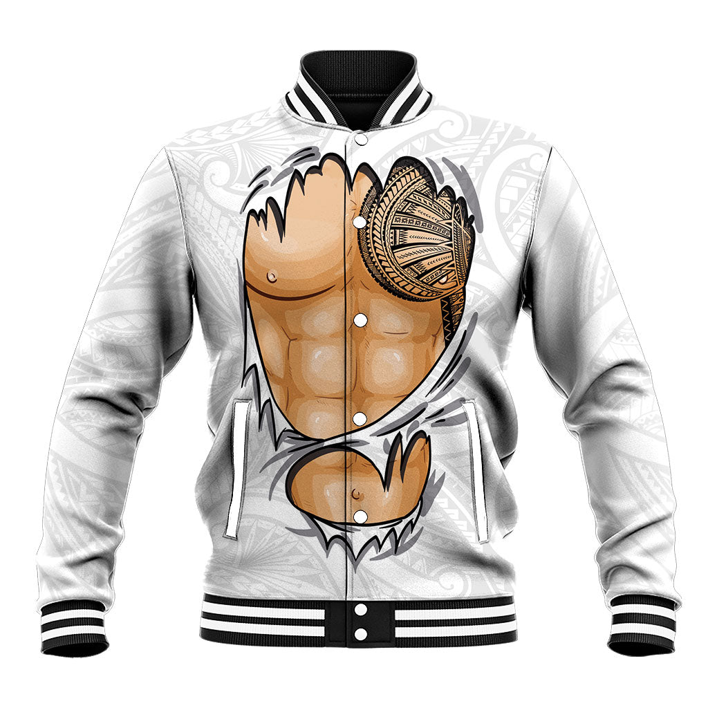 Samoan Tatau Baseball Jacket Tattoo Reveal Effect LT03 Unisex White - Polynesian Pride
