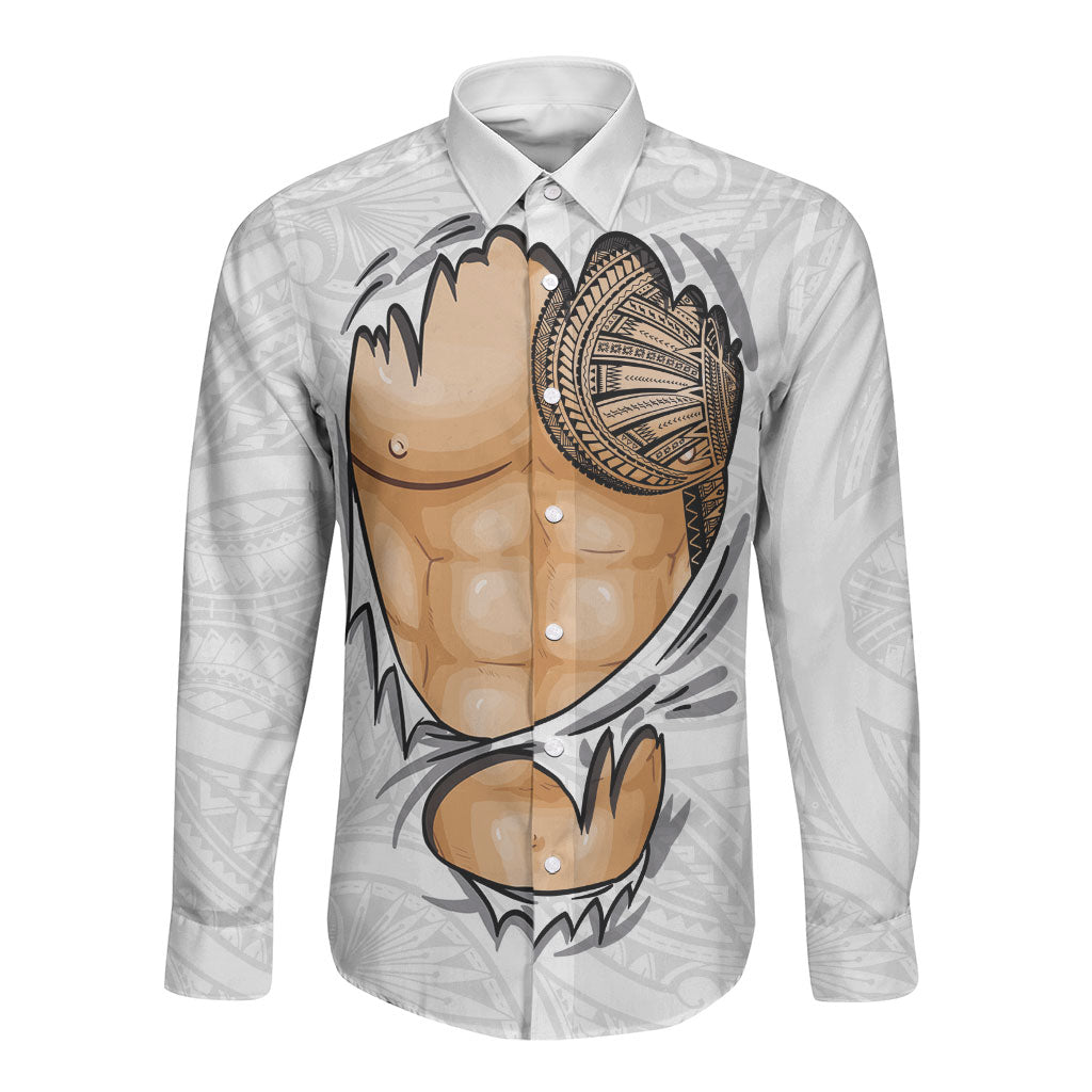 Samoan Tatau Long Sleeve Button Shirt Tattoo Reveal Effect LT03 Unisex White - Polynesian Pride