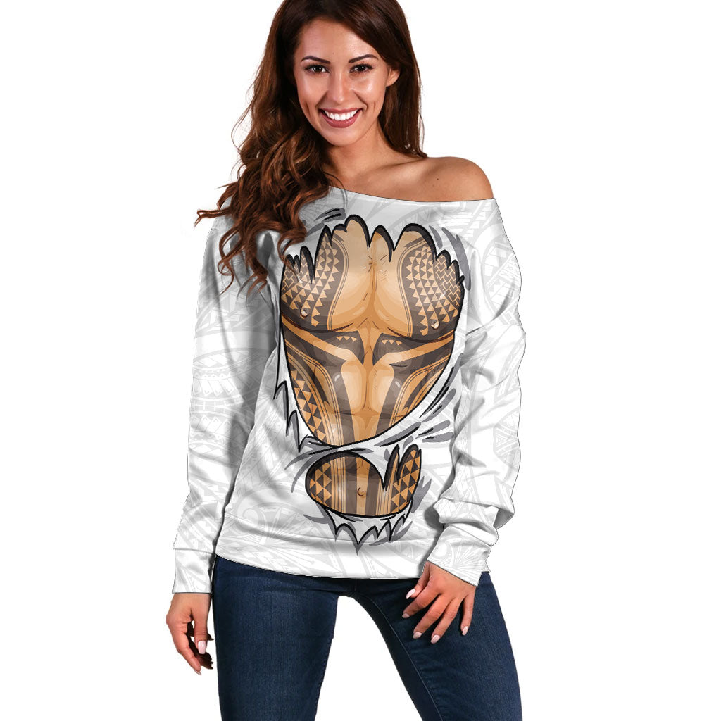 Hawaiian Kakau Off Shoulder Sweater Aquaman Tattoo Reveal Effect