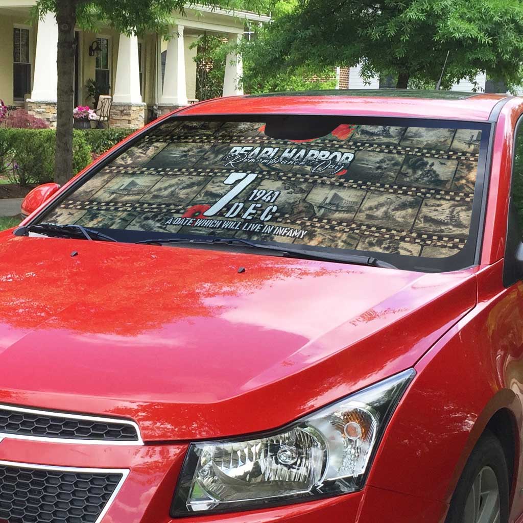 Pearl Harbor Remembrance Day Auto Sun Shade Memories of December 7 with Red Poppy Lei - Polynesian Pride