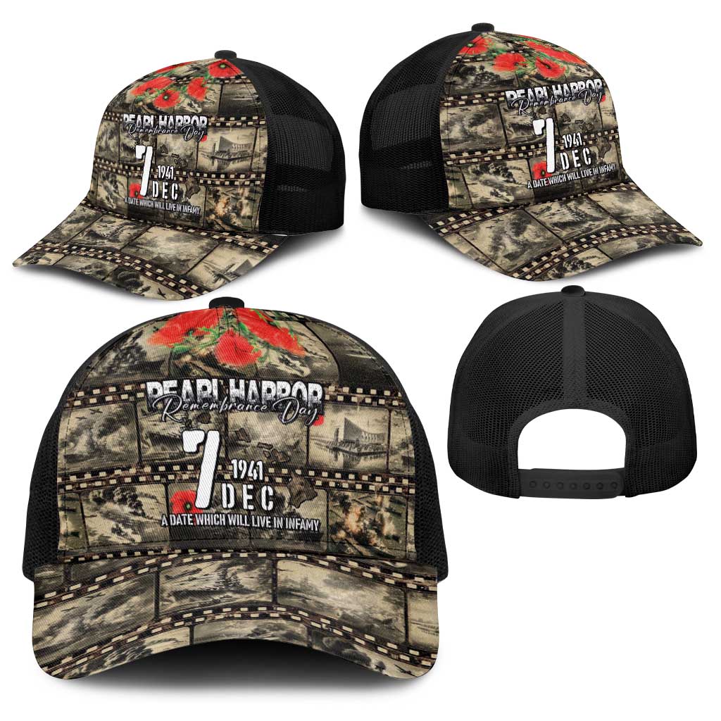 Pearl Harbor Remembrance Day Personalized Baseball Net Cap Memories of December 7 with Red Poppy Lei - Polynesian Pride
