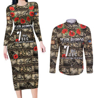 Pearl Harbor Remembrance Day Personalized Couples Matching Long Sleeve Bodycon Dress and Long Sleeve Button Shirt Memories of December 7 with Red Poppy Lei LT03 Beige - Polynesian Pride
