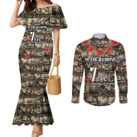 Pearl Harbor Remembrance Day Personalized Couples Matching Mermaid Dress and Long Sleeve Button Shirt Memories of December 7 with Red Poppy Lei LT03 Beige - Polynesian Pride