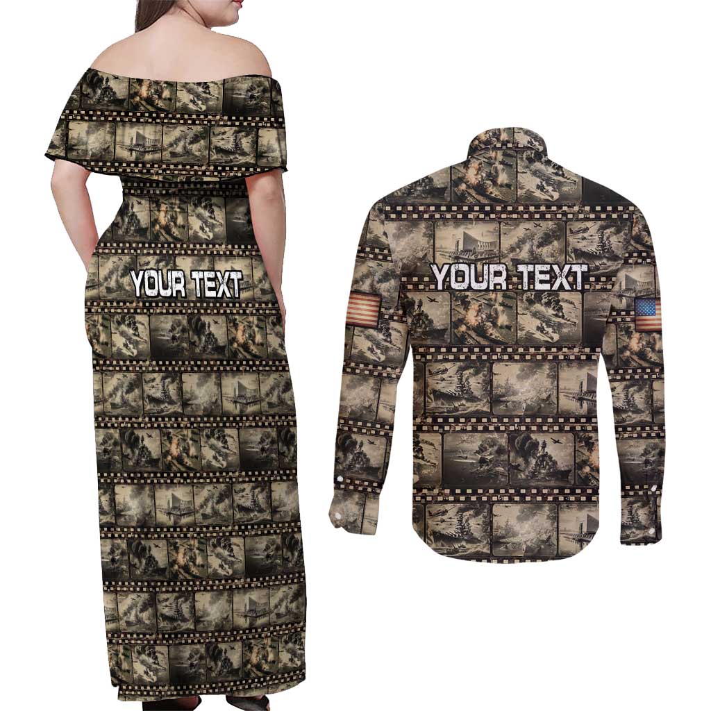 Pearl Harbor Remembrance Day Personalized Couples Matching Off Shoulder Maxi Dress and Long Sleeve Button Shirt Memories of December 7 with Red Poppy Lei - Polynesian Pride