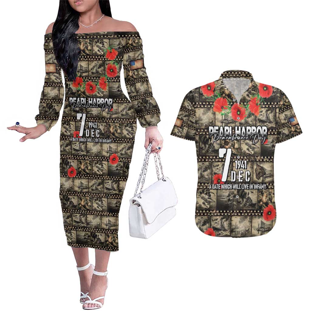Pearl Harbor Remembrance Day Personalized Couples Matching Off The Shoulder Long Sleeve Dress and Hawaiian Shirt Memories of December 7 with Red Poppy Lei LT03 Beige - Polynesian Pride
