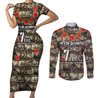 Pearl Harbor Remembrance Day Personalized Couples Matching Short Sleeve Bodycon Dress and Long Sleeve Button Shirt Memories of December 7 with Red Poppy Lei LT03 Beige - Polynesian Pride