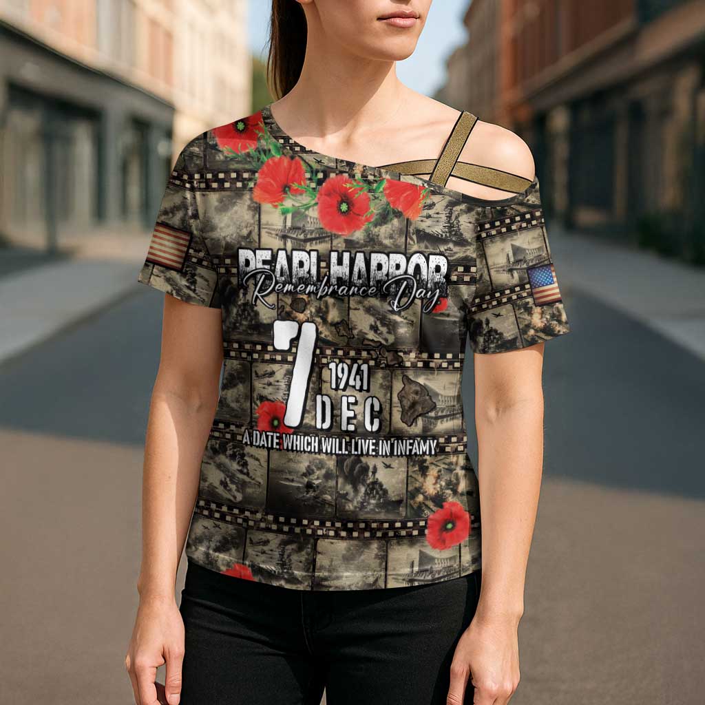 Pearl Harbor Remembrance Day Personalized Cross Shoulder Shirt Memories of December 7 with Red Poppy Lei - Polynesian Pride